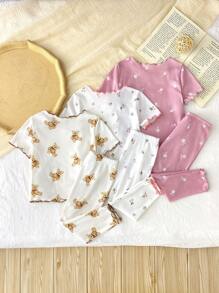SHEIN LMoss Kids 6 件套女婴可爱卡通熊和花卉图案荷叶边圆领短袖上衣和裤子针织睡衣套装，休闲舒适 - 彩色 - 查看 2