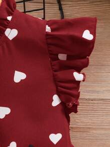 SHEIN 年輕女孩愛心印花短前長後襯衫和褲子,休閒舒適的拼色2件套裝 - 紅色 - 查看 3