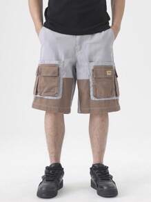Manfinity Hypemode Celana Pendek Denim Kasual Patchwork Blok Warna untuk Pria Ukuran Besar, Celana Pendek Kargo Pria - MultiWarna - View 3