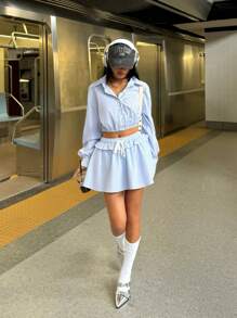 SHEIN EZwear 2pcs Women Casual & Commuting Striped Shirt And Skirt Set - Blue and White - View 6