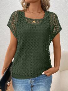 SHEIN LUNE Women's Lace Patchwork Oblique Shoulder Blouse - Army Green - View 6
