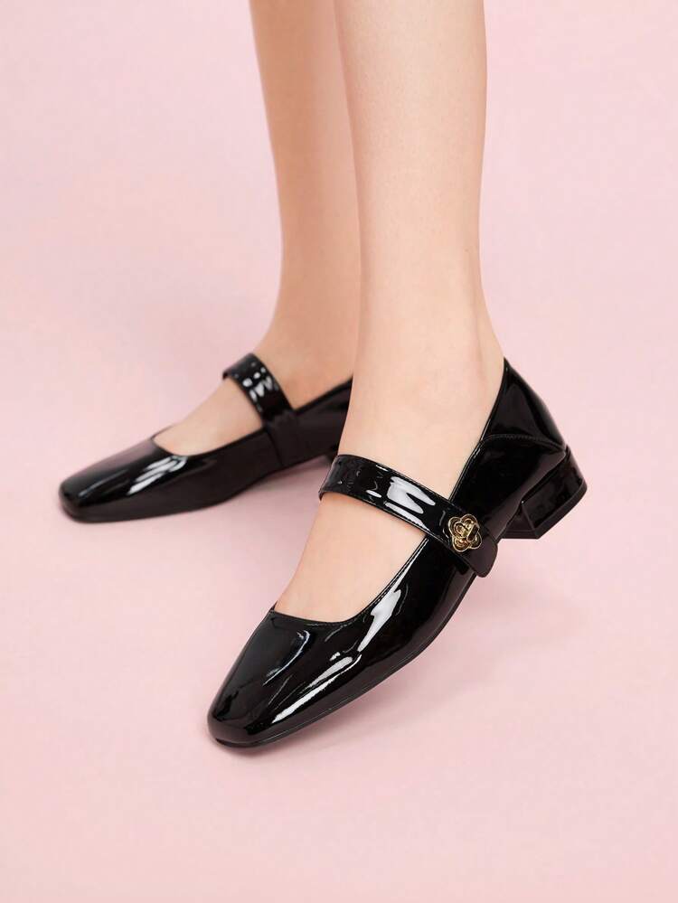 CUCCOO DOLLMOD Women's Round Toe Thick Low Heel Black Strap Mary Jane Flats, Comfortable & Elegant Office/Work Shoes For Christmas Spring Shoes