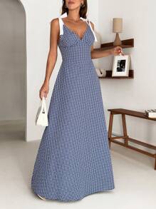 SHEIN Vestido largo de mujer para primavera y verano con hombros con lazo, alegre, para viaje y vacaciones, estampado de cuadriculado, corte evasé