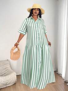Slaydiva Đầm sơ mi ngắn tay kẻ sọc cỡ lớn dành cho nữ, phong cách tối giản. - màu xanh lá - Xem 6