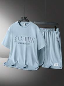 2 pezzi/set outfit casual per ragazzi adolescenti, composto da una felpa girocollo con grafica inglese in rilievo e design con orlo a arco, e pantaloncini minimali con stampa, adatto per estate e autunno