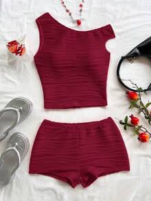 Soleia Women's 2Pcs Set Red Textured Knit Asymmetrical Neck Fitted Top And Super Low Waist Bodycon Shorts, Vacation, Party, Beach, Cruise, Holiday, Music Festival, Boho Style - Burgundy - View 3
