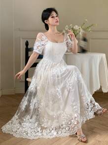 DAZY Đầm midi nữ thanh lịch phối ren, cổ vuông, tay phồng, thích hợp cho các dịp trang trọng, mùa hè. - trắng - Xem 9