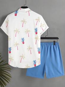 Manfinity KASUA Men Plant Print Front Button Short Sleeve Top And Solid Color Shorts Beach Outfit - Blue - View 3