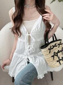 FRIFUL Women's Solid White Spaghetti Strap Mid-Length Loose Casual Versatile Layered Tie-Up Back Tank Top With Frill Trim,Babydoll Top - White - View 6