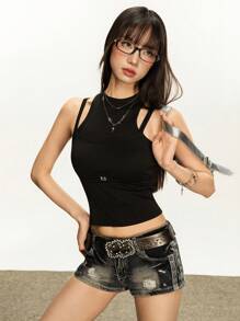 Rina Fox 2pcs/Set Women Fitted Sleeveless Top And Mini Shorts Outfit - Black - View 5