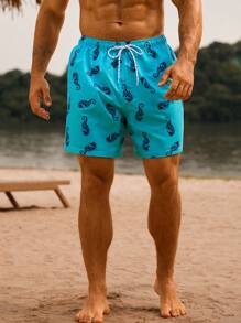 Manfinity VDAYZ Shorts casuales de playa para hombres con cintura con cordón y estampado de caballitos de mar todo sobre