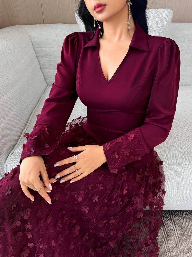 Feyla Vestido Elegante Feminino de Tule com Aplicação Floral 3D e Recortes - Vinho - Visão 3