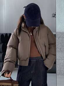 DAZY Abrigo corto acolchado de invierno de unicolor holgado con capucha para niñas preadolescentes