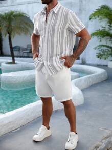 Manfinity RSRT Striped Print Front Button Casual Short Sleeve Shirt, Versatile For Summer - Multicolor - View 5