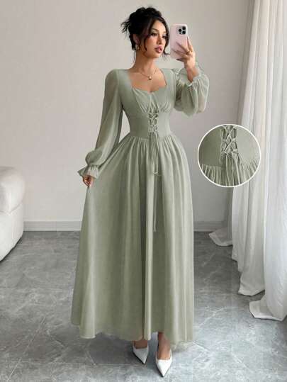 Modelyn French Elegant Solid Color Criss-Cross Lantern Sleeve Dress Fall Cloth For Women