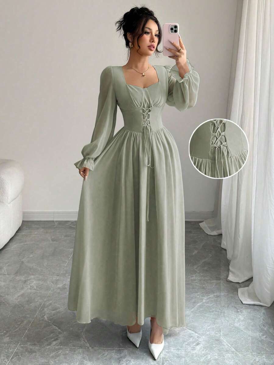 Modelyn Váy tay đèn lồng chéo màu trơn thanh lịch kiểu Pháp - màu xanh lá - Xem 1