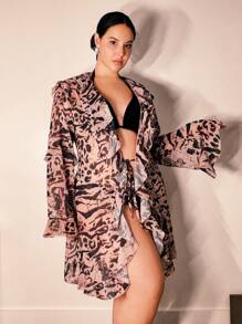 SHEIN Swim كيمونو أكبر من المقاس، أكمام طويلة، طباعة عشوائية، موضة مثالية للتغطية - متعدد الألوان - مشاهدة 3