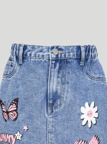 Denimly Fashion Casual Butterfly, Letter, Heart & Floral Printed Denim Mid-Length Skirt For Teenage Girls, Elastic Waist & Zipper Closure - Medium Wash - View 6