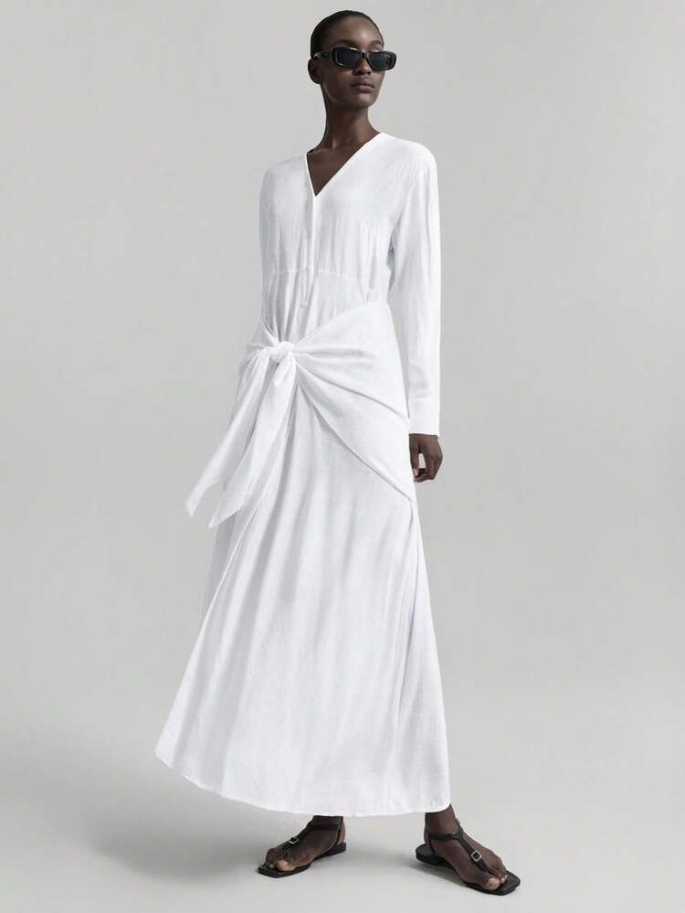 2025 Spring/Summer Women V-Neck Drop Shoulder Long Sleeve Waist Tie Casual Versatile Maxi Dress, Suitable For Daily, Easter, Summer, Elegant, Vacation, Wedding Events