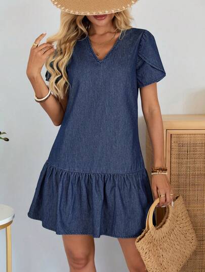 EMERY ROSE Cute Dark Wash Denim Smock Dress With Petal Sleeves And Ruffle Hem