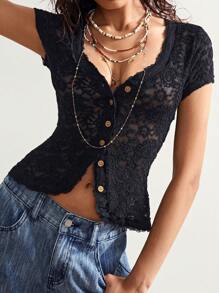 Bohemela 1pc Women Solid Knit Lace Short Sleeve V-Neck Fitted Top