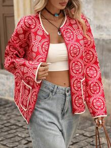 Brillora Women's Vacation Plant Print Zip-Front Regular Jacket. Embroidered Jacket Women. Red Blazer Women. Summer Jacket Women.Vacation,Vacation Style, Boho Jacket Women,Going Out Outfits,Country Outfits Women,Fall Clothes, Red Embroidered Jacket,Winter Clothes,Autumn Clothes,Fall Clothes,Old Money Style - Pink - View 6