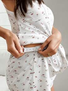 Moonlight&Mama 孕妇装两件套针织罗纹碎花蕾丝V领吊带上衣和短裤睡衣套装 - 彩色 - 查看 6