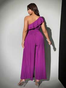 Viva Relle Plus Size Solid Color Asymmetrical Shoulder Backless Double Ruffle Asymmetrical Neck Sleeveless Pleated Elegant Jumpsuit - Purple - View 2