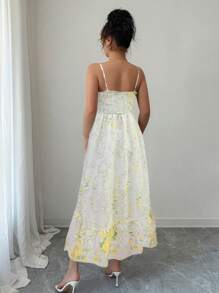 Rafferiza 女士优雅刺绣花卉印花吊带背心连衣裙 - 淡黃色 - 查看 2
