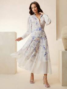 Anewsta Set de 2 piezas de camisa de manga larga y falda larga con estampado elegante - Azul - Ver 6