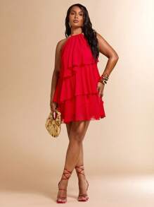 SHEIN BAE Plus Size Summer Beach Vacation Solid Red Cascading Lotus Leaf Cake Chiffon Mini Dress, Suitable For Daily Dating, Night Out,Red Dress,Back To School Girls Clothes,Girls Summer Outfits,Fall Clothes,School Clothes,Halloween,Winter,Y2k Clothes ,Vintage,Vacation Outfits Woman,Plus Size Women Clothes,Summer Dresses For Women