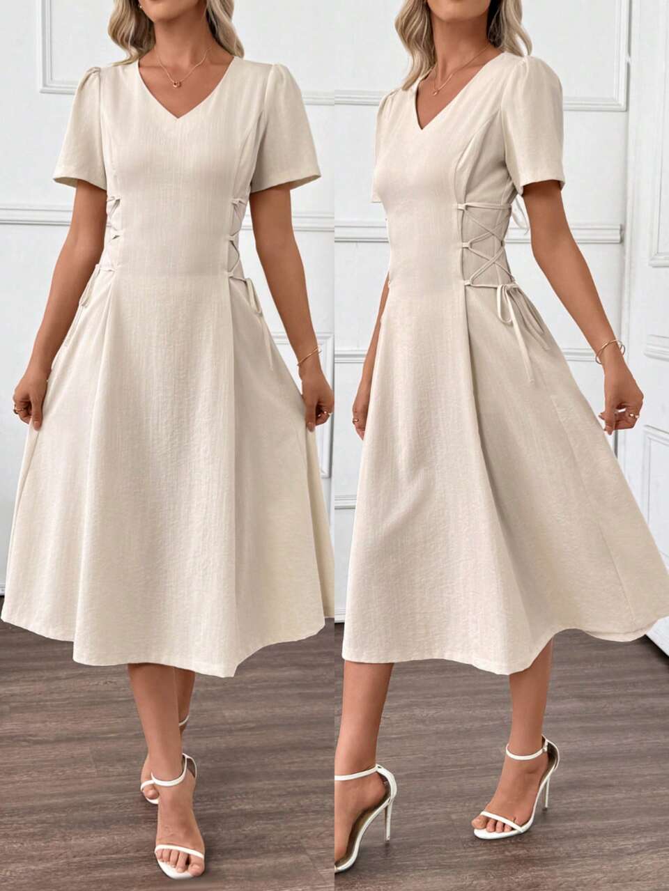 Women's Casual Solid Color Cross Strap Waist Midi Dress, Summer