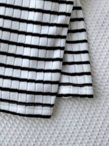 Comfortcana Women's Knit Striped Lace Waist Hem Loose Wide Leg Pants - Black and White - View 5