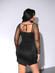 Viva Relle Plus Size Women's Square Neck Long Sleeve Mesh Pearl Sheer Vintage Elegant Casual Vacation Party Wedding Short Dress - Black - View 2