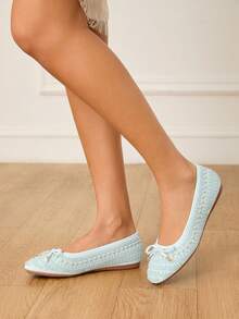 CUCCOO HITCHD Cute White Bow Pearls Round Toe Flats, Comfortable Casual Slip-On Shoes For Women, Suitable For Commute, Dates And Shopping - Baby Blue - View 5