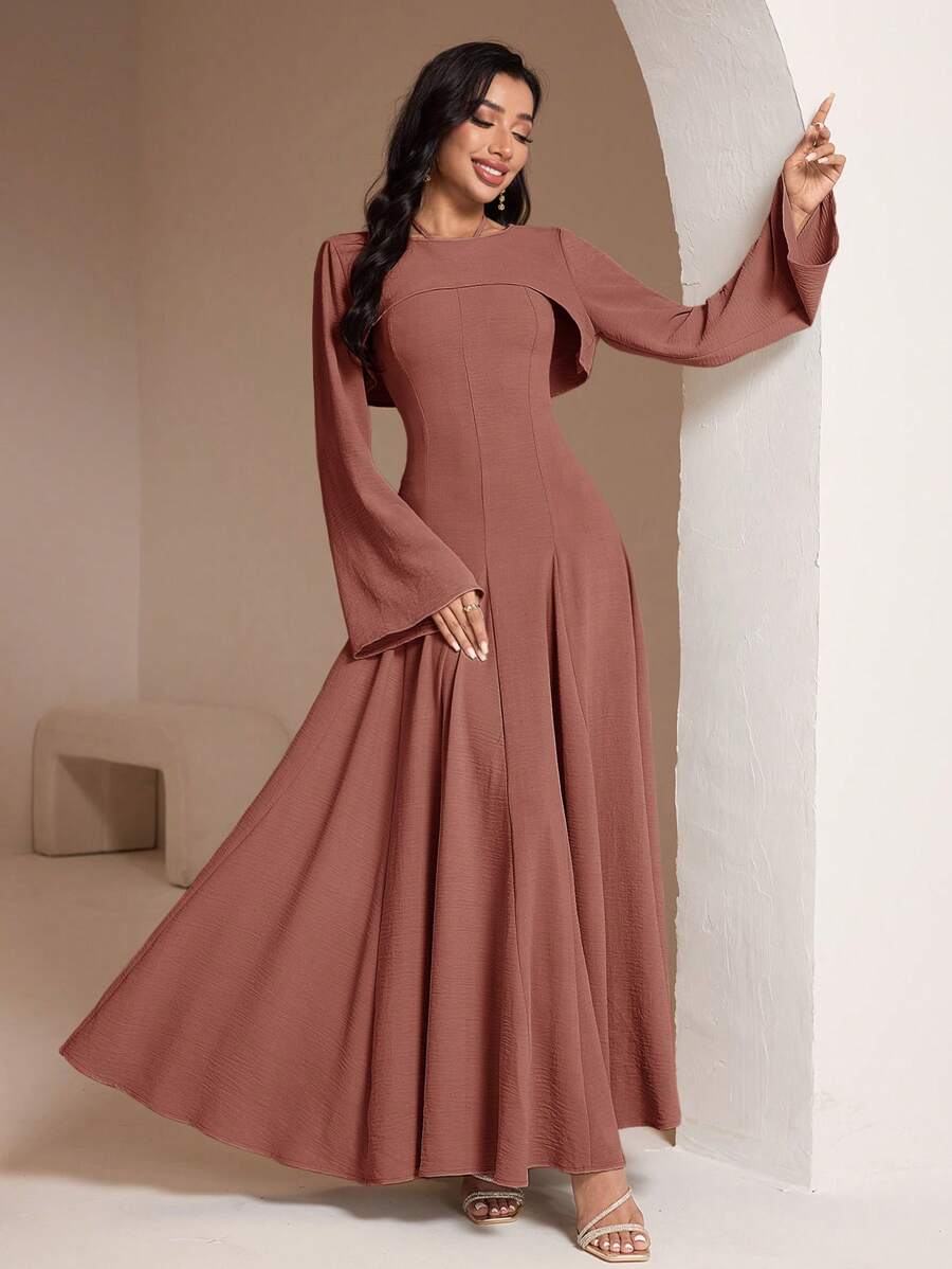 Veilorie 2pcs Women Solid Color Long Sleeve Cropped Top And Halter Neck Dress Elegant Set - Red - View 1
