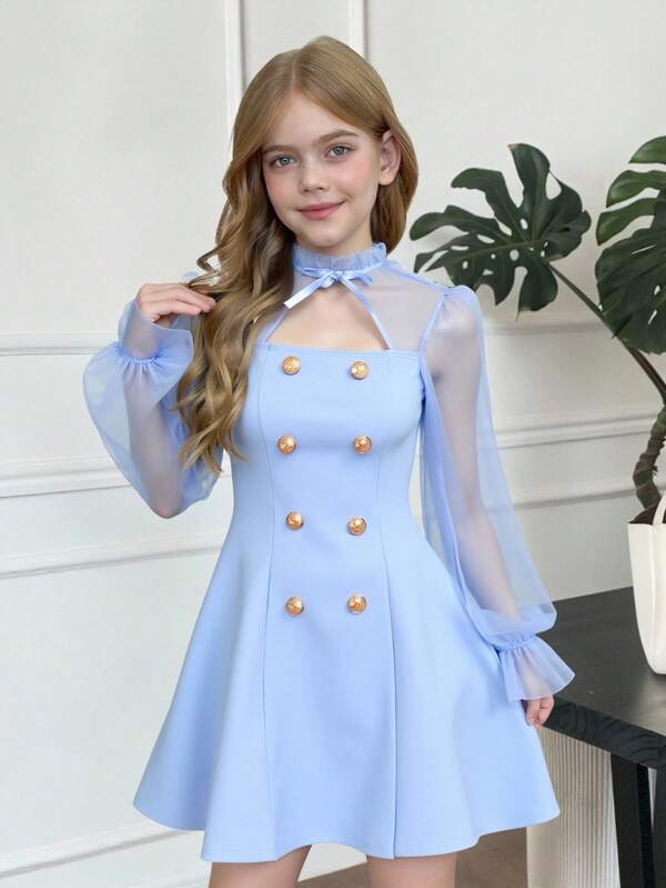 SHEIN Tween Girls Contrast Mesh Flare Sleeve Bow Solid A-Line Dress, Back-To-School, Suitable For Daily Wear, Casual Occasions, Elegant Parties, Birthday Parties Tween Dresses Puff Sleeve