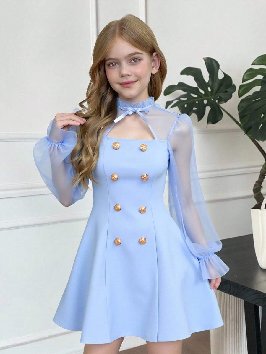 SHEIN 青少年女孩撞色网眼喇叭袖蝴蝶结纯色 A 字连衣裙,适合返校季日常穿着、休闲场合、优雅派对、生日派对 - 淺藍色 - 查看 1