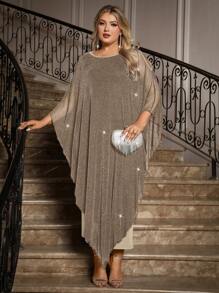 SHEIN Clasi 加大码优雅雪纺长款披肩连衣裙婚礼宾客正式鸡尾酒会新娘母亲装，女士正式礼服 - 卡其色 - 查看 1