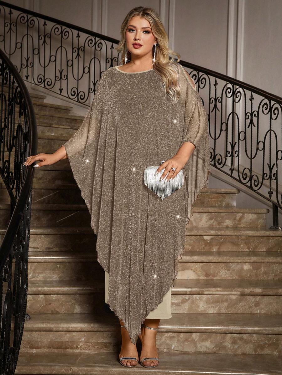 SHEIN Clasi 加大码优雅雪纺长款披肩连衣裙婚礼宾客正式鸡尾酒会新娘母亲装，女士正式礼服 - 卡其色 - 查看 1