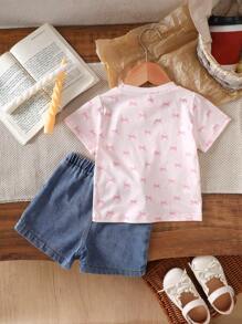 SHEIN Vintaside Kids 婴幼儿女孩 0-3 岁休闲可爱蝴蝶结 T 恤和牛仔短裤两件套 - 粉色 - 查看 2