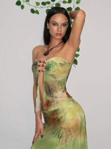 EgrlEra Áo hở vai cổ điển gợi cảm dành cho nữ có họa tiết in và đính hạt, mùa hè' - màu xanh lá - Xem 5