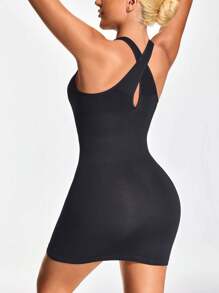 SHAPORA 女式纯色 V 领吊带背心式短款紧身连衣裙，休闲 - 黑色 - 查看 1