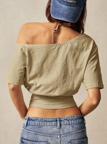 Bohemela 1 件女式纯色针织不对称肩部短款上衣 - 卡其色 - 查看 7