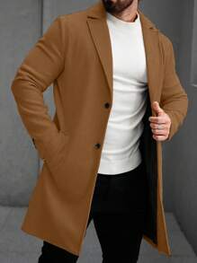 Manfinity Homme 男士纯色翻领长袖单排扣休闲大衣男士外套男士冬季外套棕色外套驼色外套。送给男朋友或丈夫的绝佳礼物。 - 摩卡棕 - 查看 3