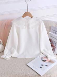 Tween 女童优雅刺绣领休闲长袖衬衫，简约白衬衫