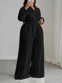 Slaydiva 2025 New Casual Vacation White Versatile Birthday Party Date Daily Simple Casual Basic Commute Sexy Street Long Sleeve Shirt Front Mid-Button Tie-Waist, Pocketed, Wide Leg Pleated Jumpsuit - A, Suitable For Spring/Summer Long Sleeve Jumpsuit Black Jumpsuit Button Up Jumpsuit Wide Leg Pants Jumpsuit Wide Leg Jumpsuit - Black - View 7