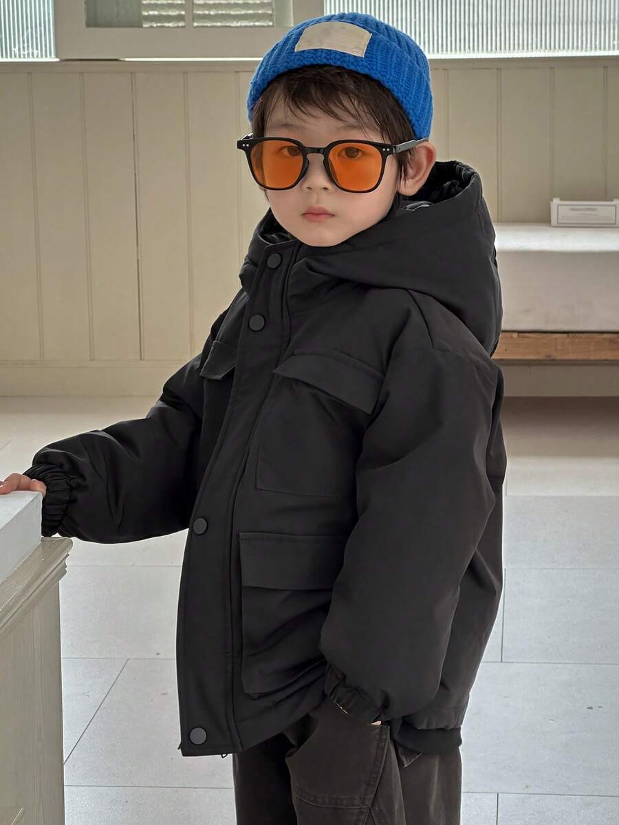 DAZY 男童宽松长款羽绒服，韩版休闲风，冬季 - 黑色 - 查看 1