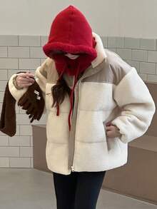 DAZY 青少年（女孩）韩版撞色羊毛拼布休闲棉服冬季外套 - 彩色 - 查看 1