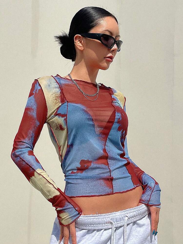 Tie Dye Lettuce Trim Mesh Top Without Bra Long Sleeve Women Tops,Fall Women Clothes